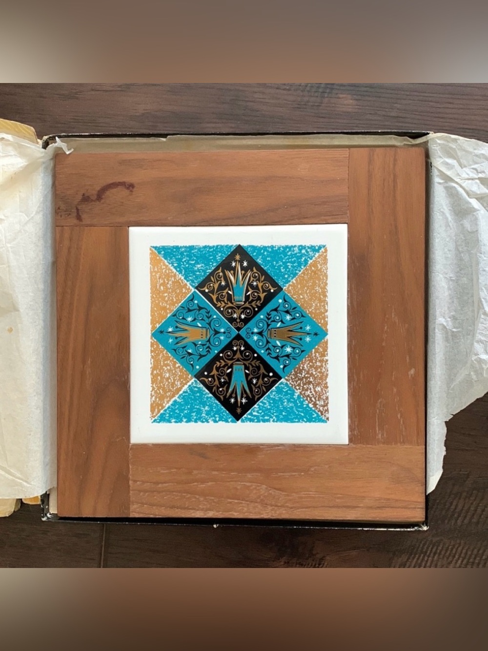 Vintage Mid Century Wood and Ceramic Appetizer Tray Charcuterie Board Trivet